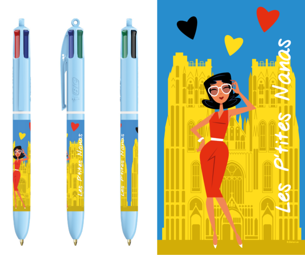 Stylo BIC 4 couleurs - "Les p'tites nanas à Bruxelles 3/3 - Robe rouge"